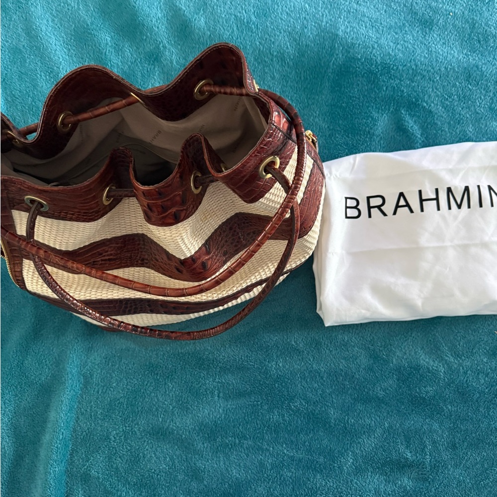 Brahmin Textured Brown and Cream Tote croc bucket bag.  Never used.
